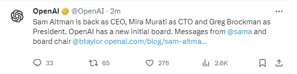OpenAI官宣Sam Altman回归担任CEO