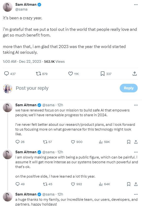 OpenAI首席执行官Sam Altman2023年终总结 分享17个建议