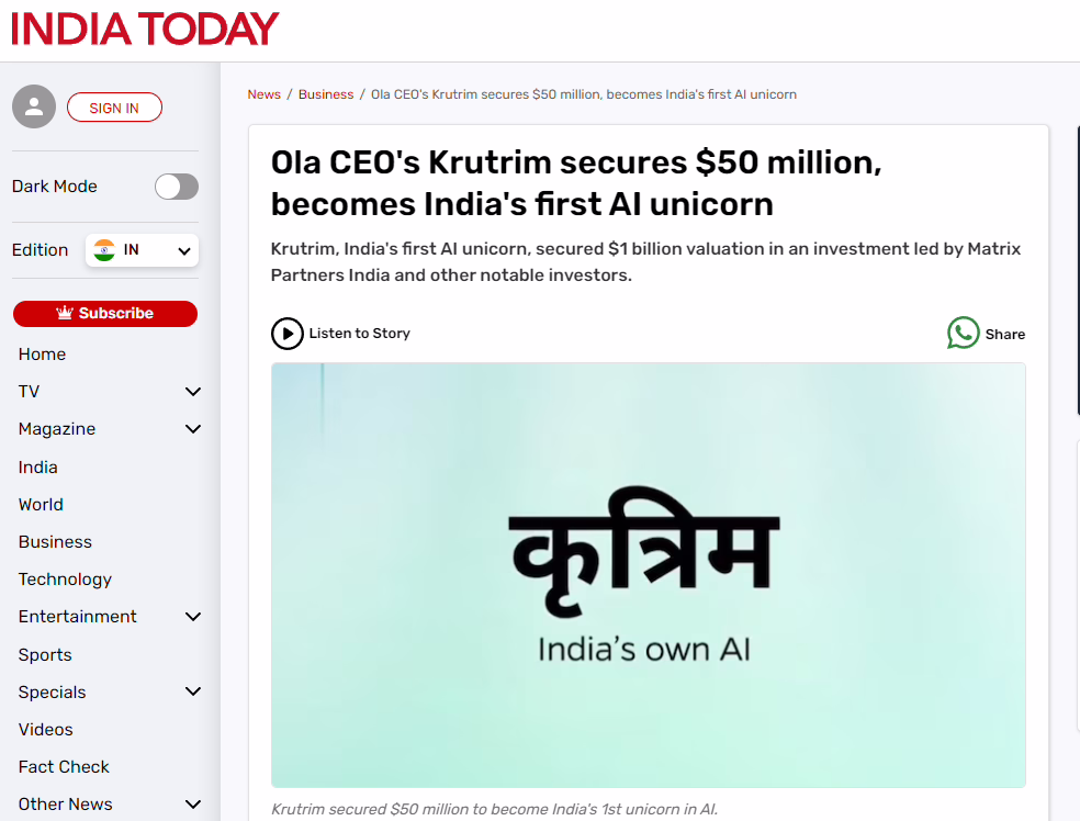 India's first AI unicorn company is born: startup Krutrim announced the completion of $50 million in financing, with a valuation of up to $1 billion
