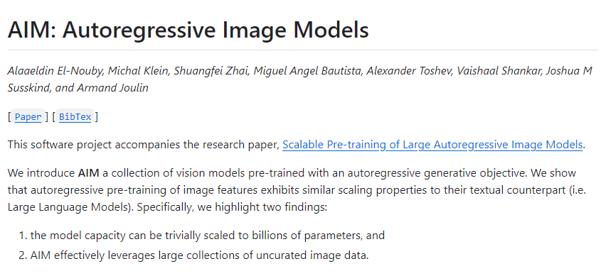 Apple AIM autoregressive vision model validation performance is related to model size