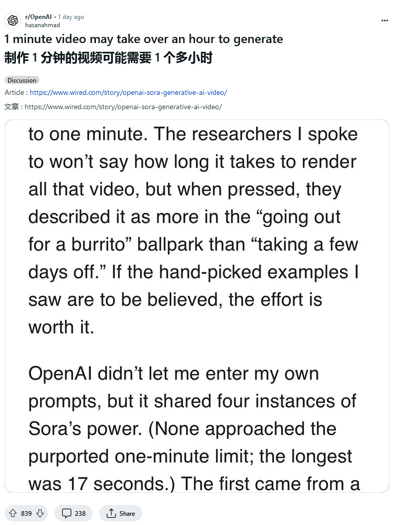 OpenAI Sora reportedly takes more than an hour to generate a 1-minute video