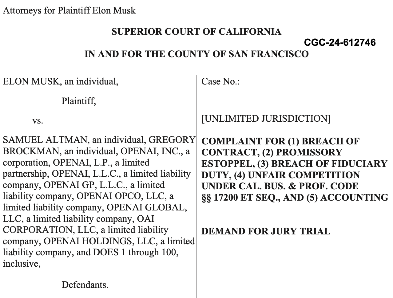 Musk sues OpenAI and its CEO Altman