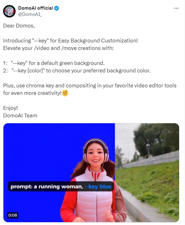 Domo AI推视频色度抠图功能 可将扣出的人物合成到新背景中