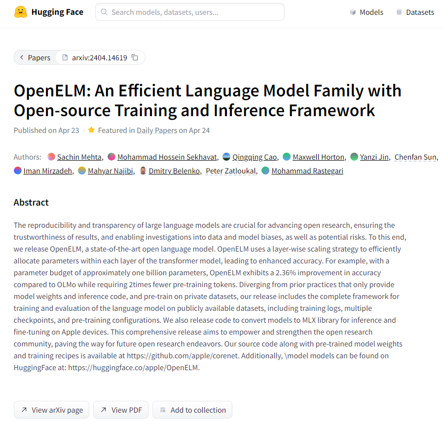 84901084-6587-4a3f-b861-65c38f4b2690 Apple releases OpenELM, an efficient language model based on an open source training and inference framework