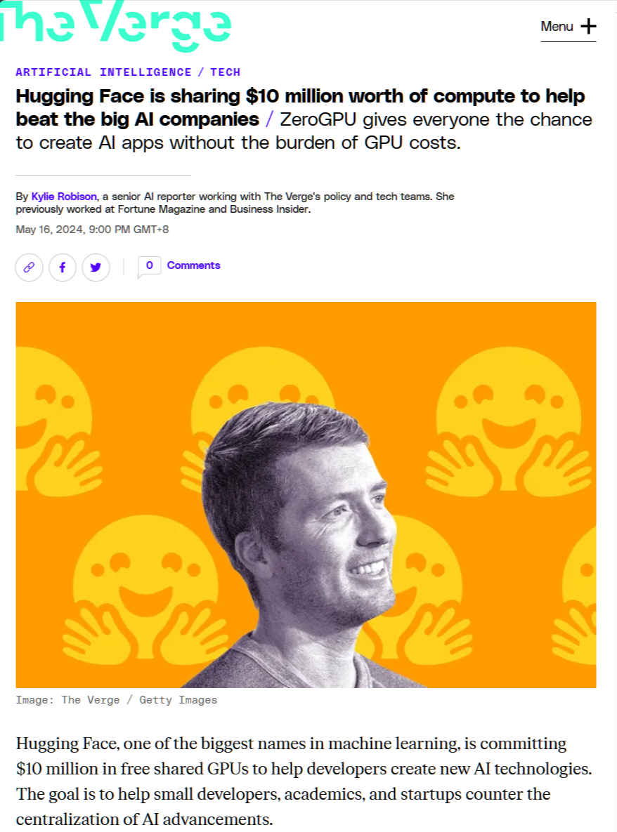 a6fef9aa-fa6d-4574-94b9-f2c03fa4e4f7 世界最大开源 AI 社区 Hugging Face 将免费提供 1000 万美元共享 GPU,帮助小企业对抗大公司