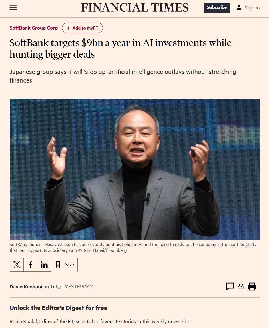 SoftBank plans to invest nearly $9 billion in AI projects to further accelerate its "most radical" transformation yet