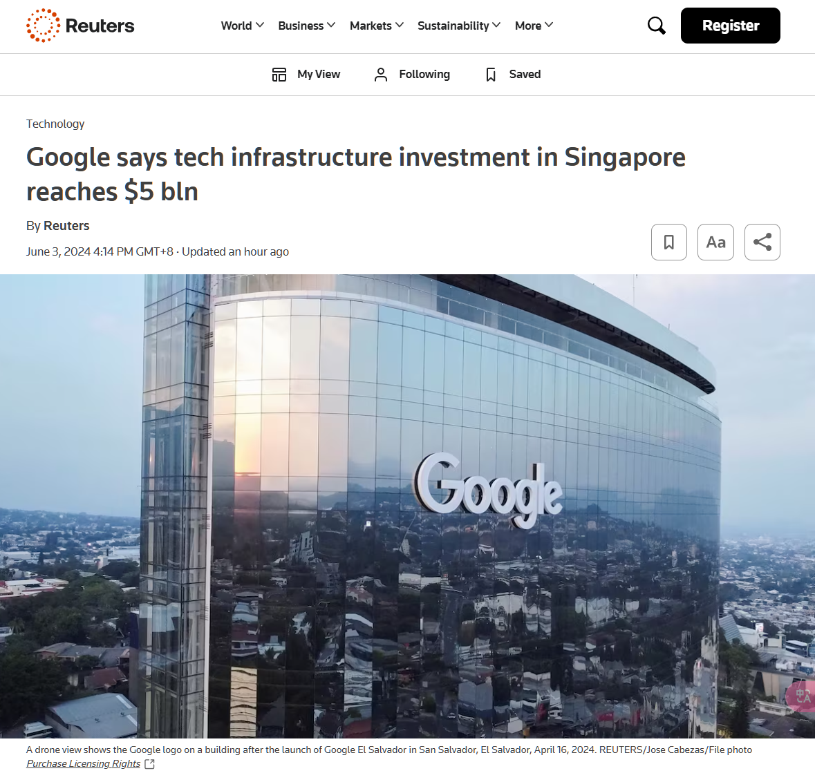 b592bb58-10a0-4684-97c4-9877ddc70f77 Google: Investment in technology infrastructure in Singapore has reached US$5 billion