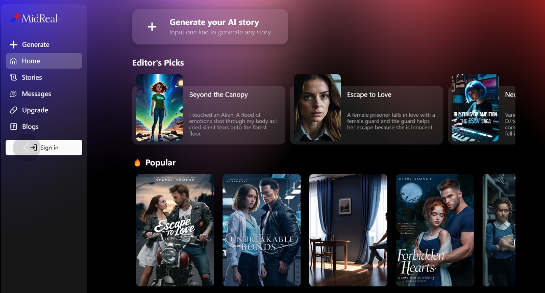 MidReal: AI novel artifact, online AI content and story creation tool