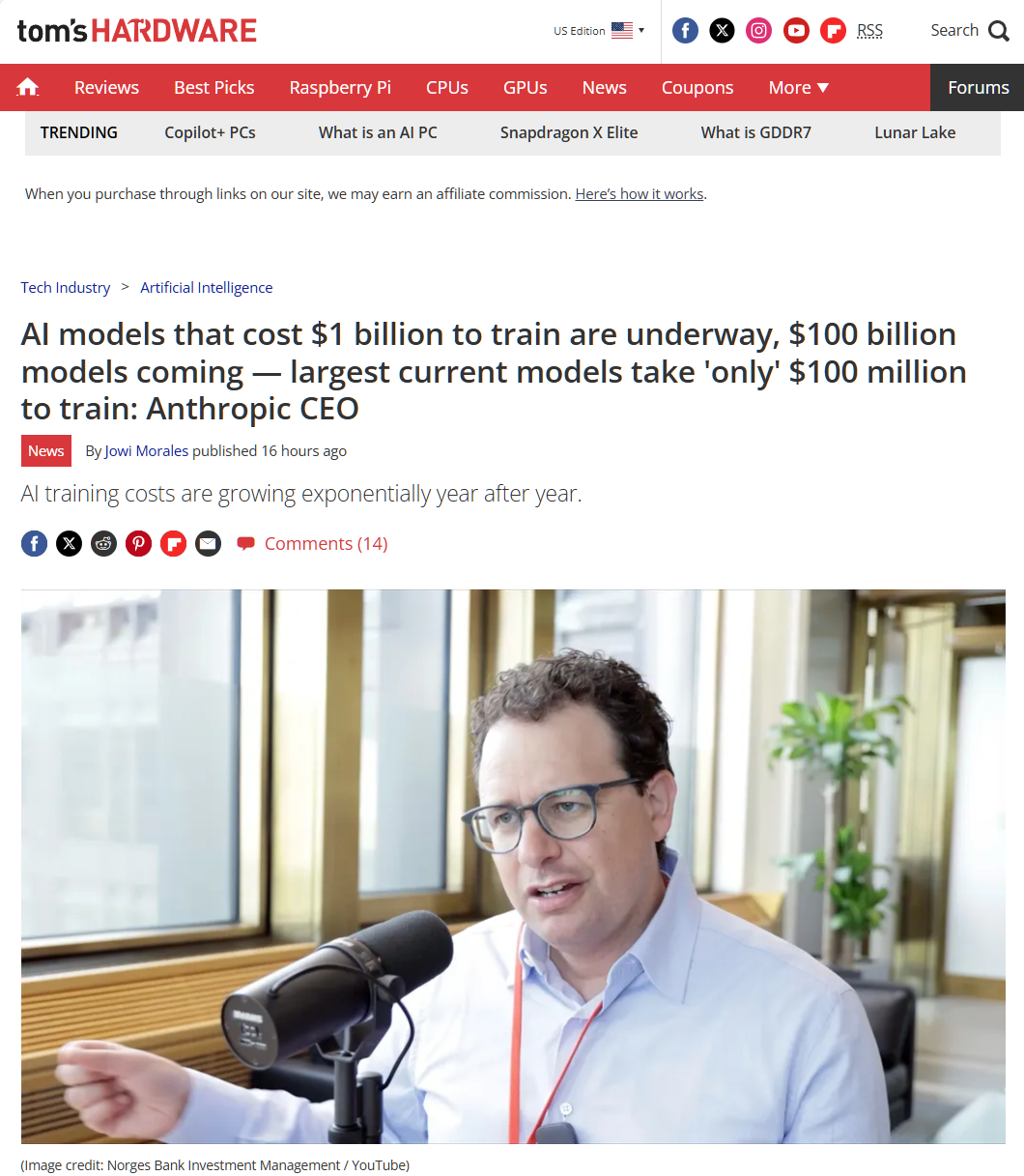 Anthropic CEO: In the next three years, the cost of training large AI models will rise to tens or even hundreds of billions of dollars