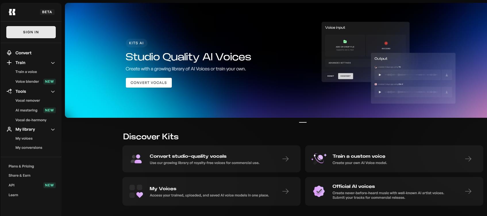 Kits: AI voice platform designed for musicians, online language synthesis, sound cloning, music generation website
