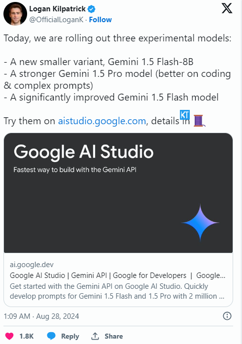 Google released three Gemini experimental AI models: 1.5 Pro ranked second, and 1.5 Flash jumped from 23rd to 6th