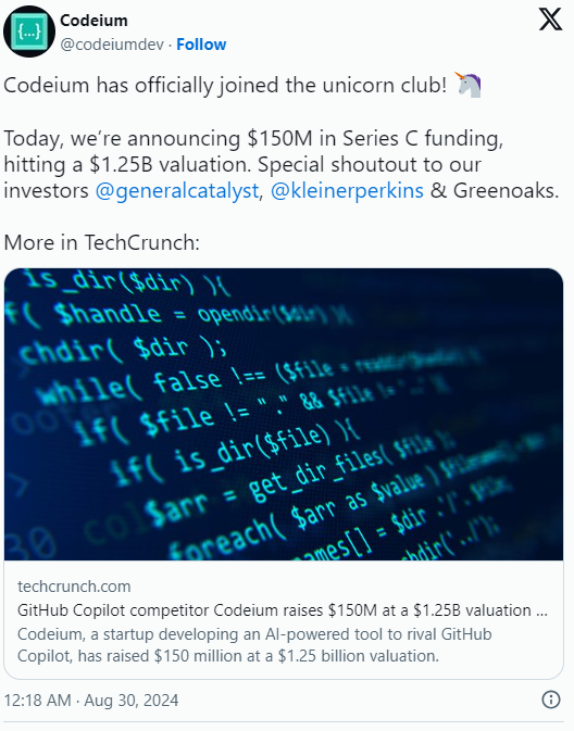 New unicorn in AI programming! Cursor rival Codeium raises $150 million, valued at $1.25 billion