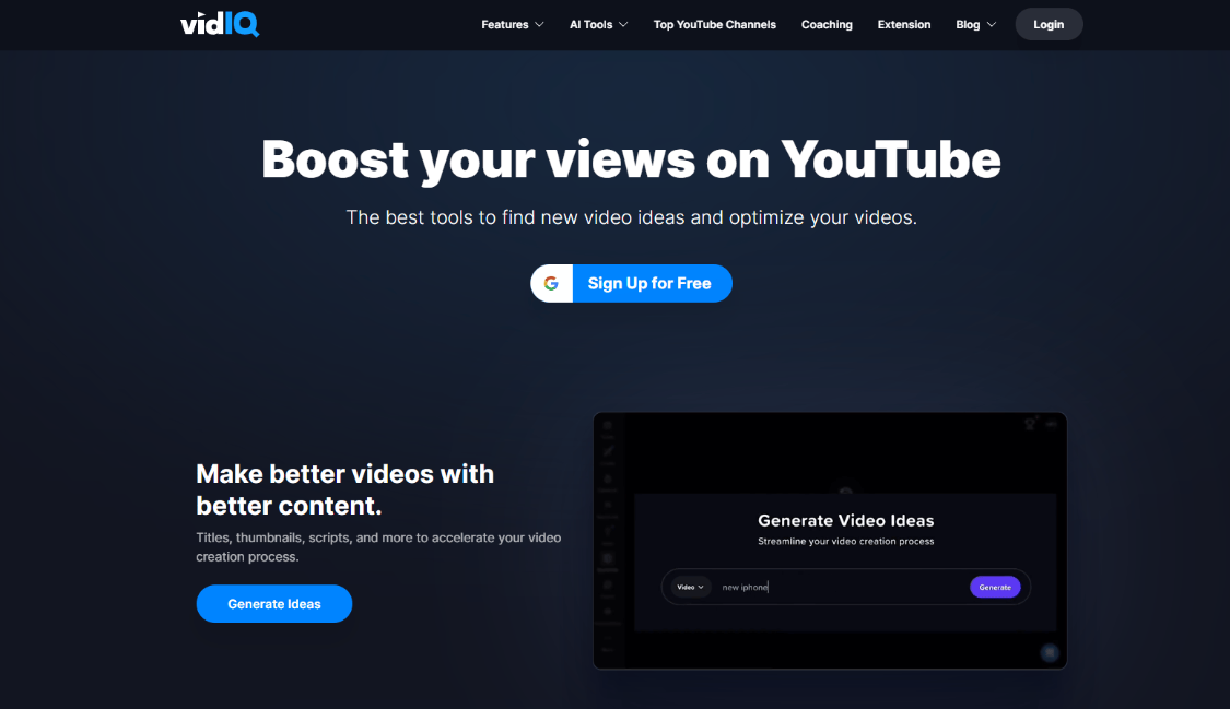 VidIQ: AI video marketing tool designed specifically for YouTube creators, AI tools for YouTube video bloggers