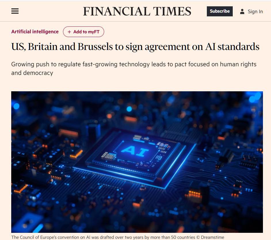 首个具法律约束力的 AI 国际条约，美、英、欧盟将签署人工智能标准协议