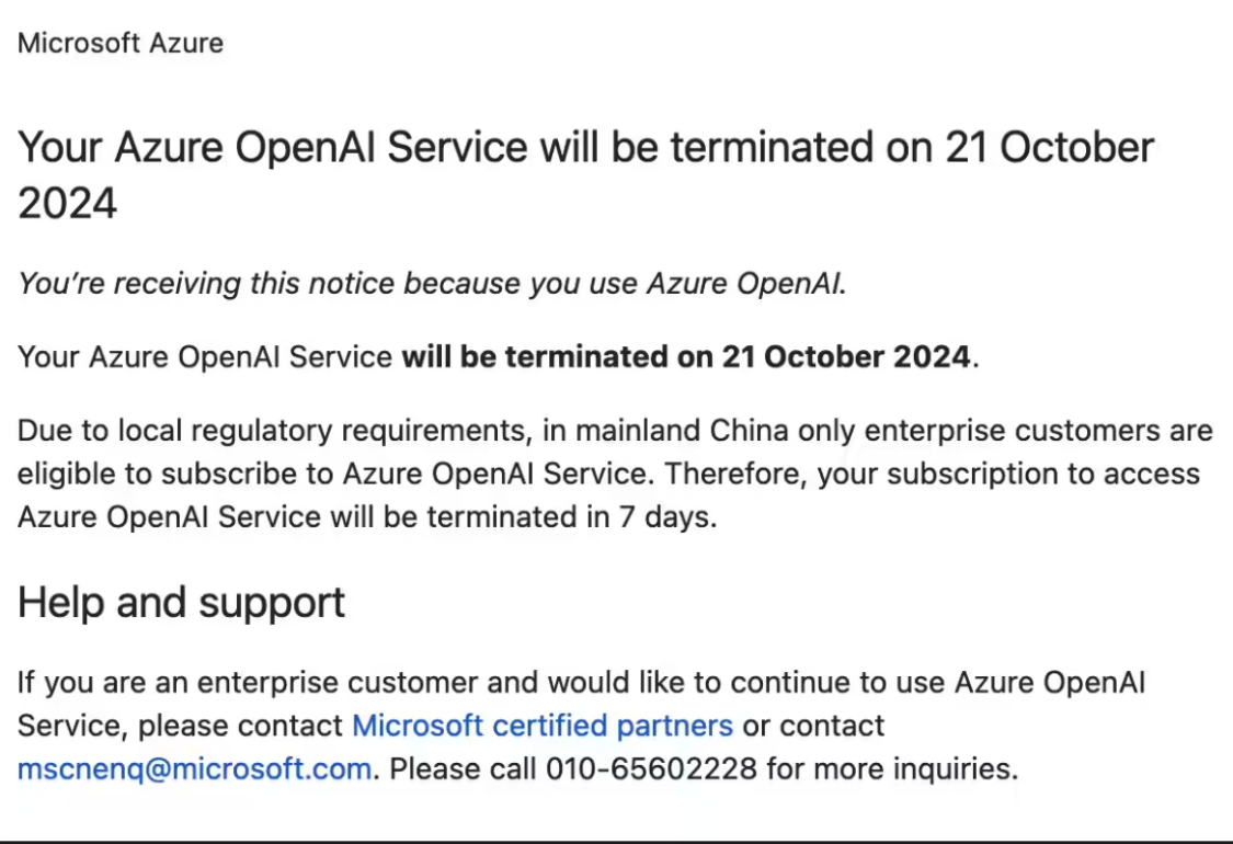 Microsoft to Terminate Personal Azure OpenAI Service in China, Available Only to Enterprise Customers