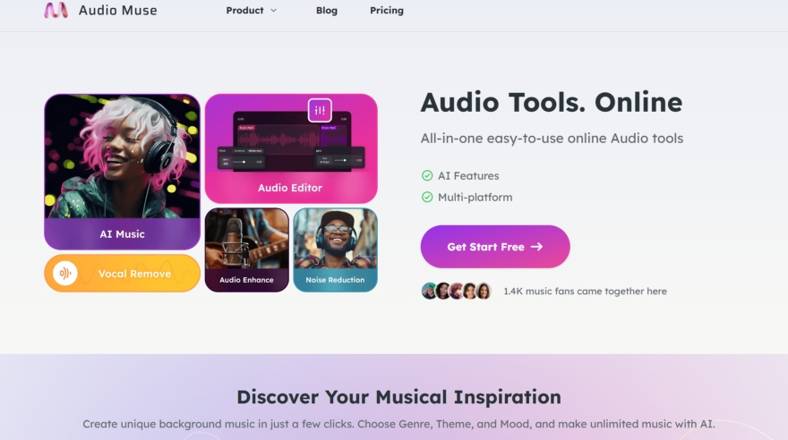 Audio Muse: an online AI audio processing tool that offers audio editing, AI music generation, vocal removal and noise reduction, and much more!