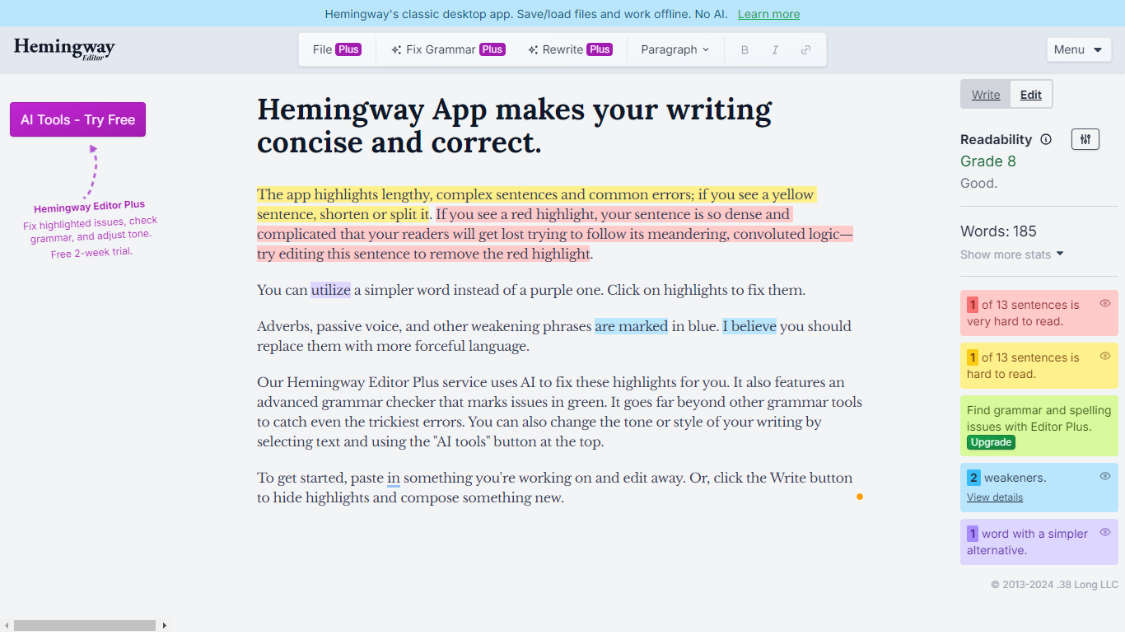 Hemingway Editor：AI辅助写作工具，一款免费ai英文写作校对软件