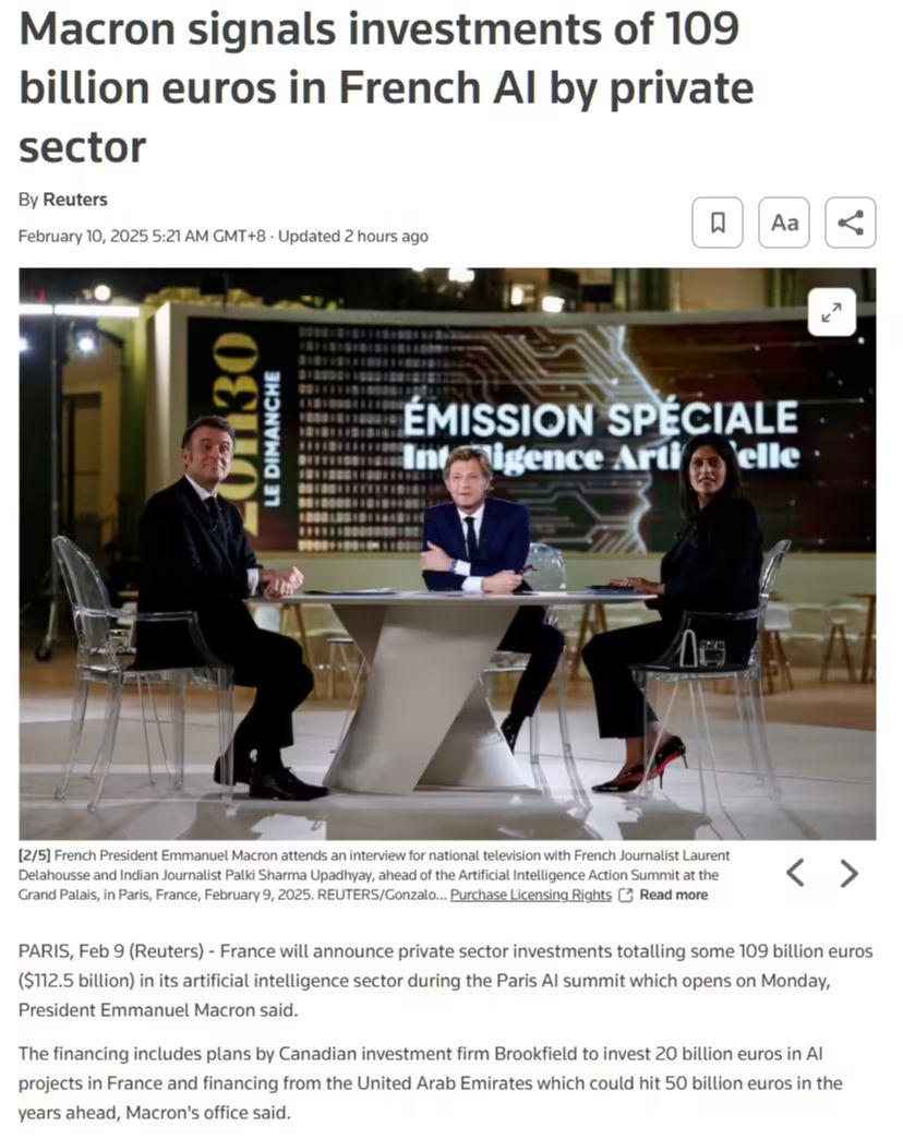 3d0edeecj00srg95o0034d000n000t0p 法国 AI 产业将迎 1090 亿欧元私人投资,阿联酋有望独揽其中 500 亿欧元