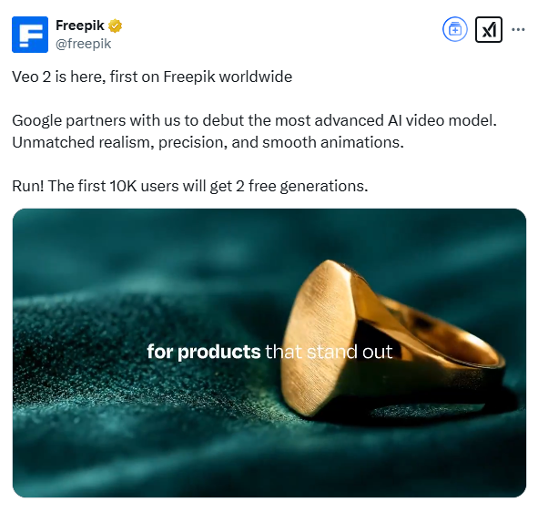 Google AI video model Veo 2 debuts on Freepik, free for first 10,000 users