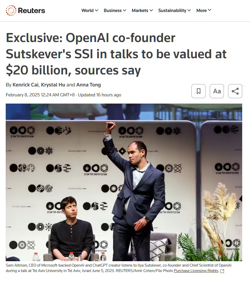 Former OpenAI Chief Scientist Sutcliffe's New AI Company SSI's Valuation Soars: $20 Billion, Sources Say