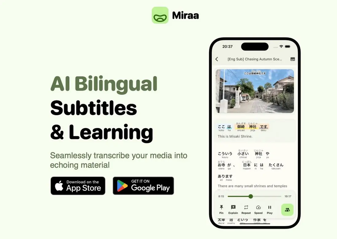 Miraa: AI Bilingual Subtitling and Assisted Learning App, Audio and Video Subtitle Transcription, Real-time Translation