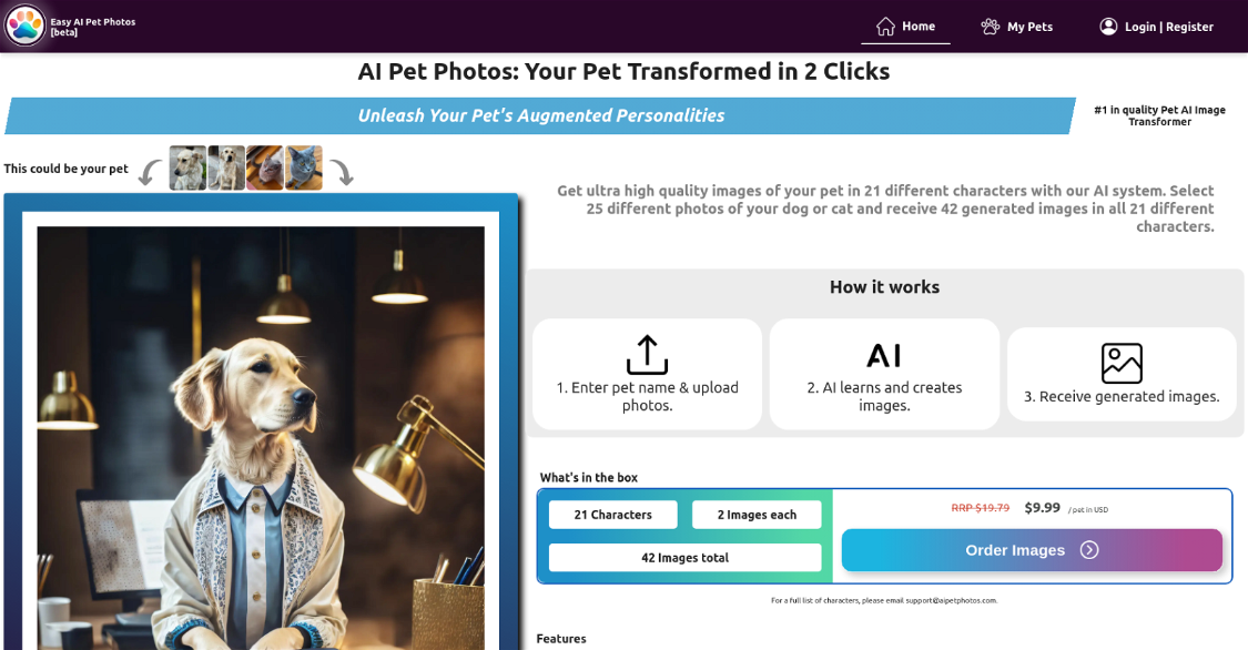 AI Pet Photos: AI image generator for pets, generate photos of your own pets in different shapes!
