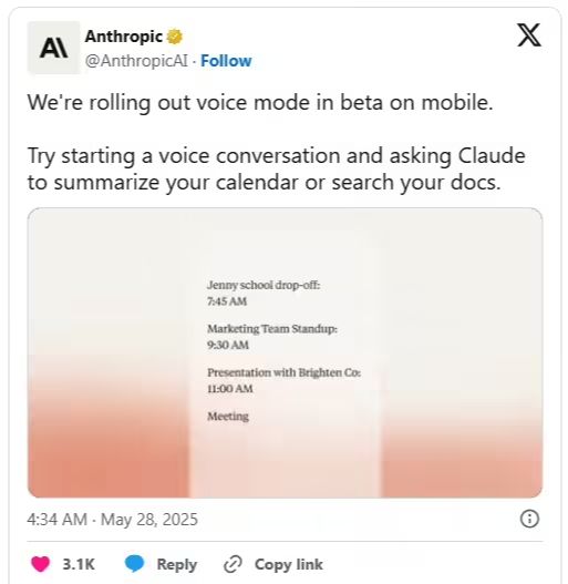 Anthropic Launches Voice Mode for Claude Chatbot