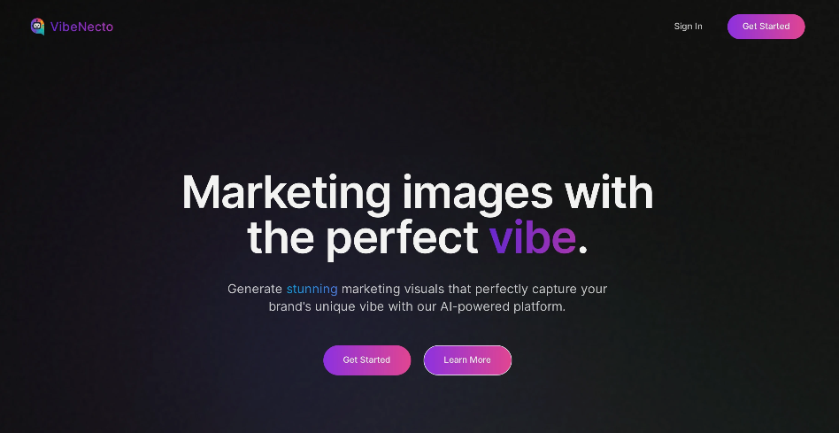 VibeNecto: marketing image generation platform that provides AI image generation, style control, background removal, instant results, image history and secure storage