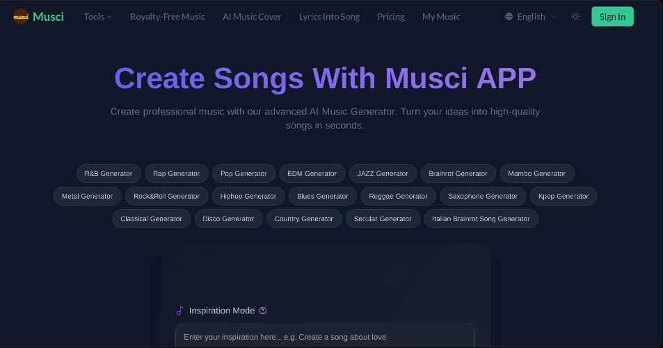 Musci: AI music creation platform with AI music generator, lyrics generator, mixer, vocal separator, and music extension tools