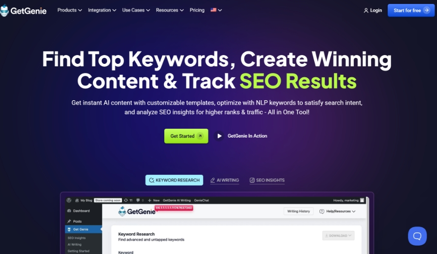 GetGenie AI: an AI assistant tool designed for content creators and SEO professionals to boost natural website traffic and search engine rankings
