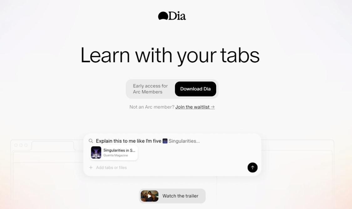 Dia Browser: an AI browser that lets you chat in tabs, type in your own voice, learn and plan faster, shop, and more!