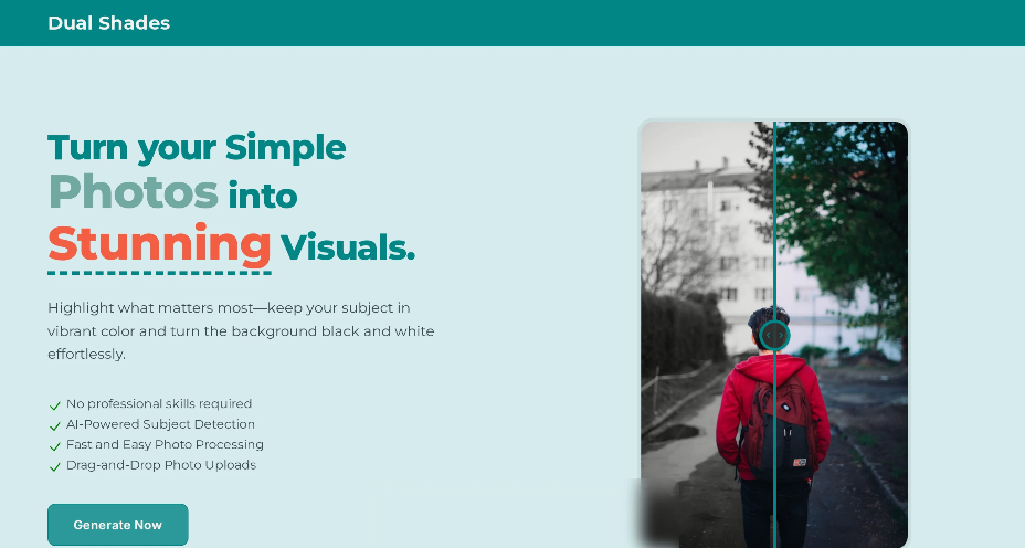 Dual Shades: AI photo editor that converts photo backgrounds to black and white in one click!