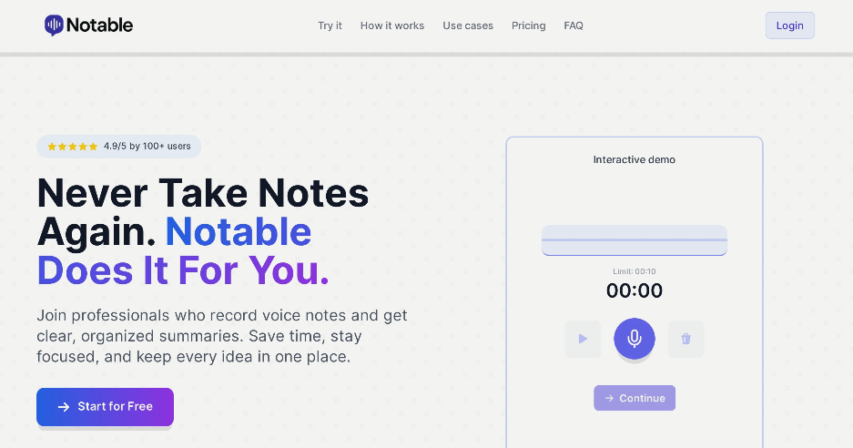 Notable: AI voice notes tool, one-click recording, AI voice transcription, notes organization
