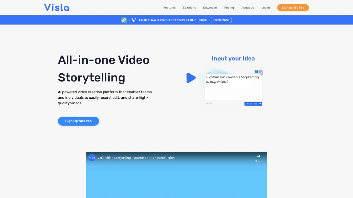 Visla: AI video creation and editing platform that provides AI video generation, editing, recording, collaboration and sharing capabilities