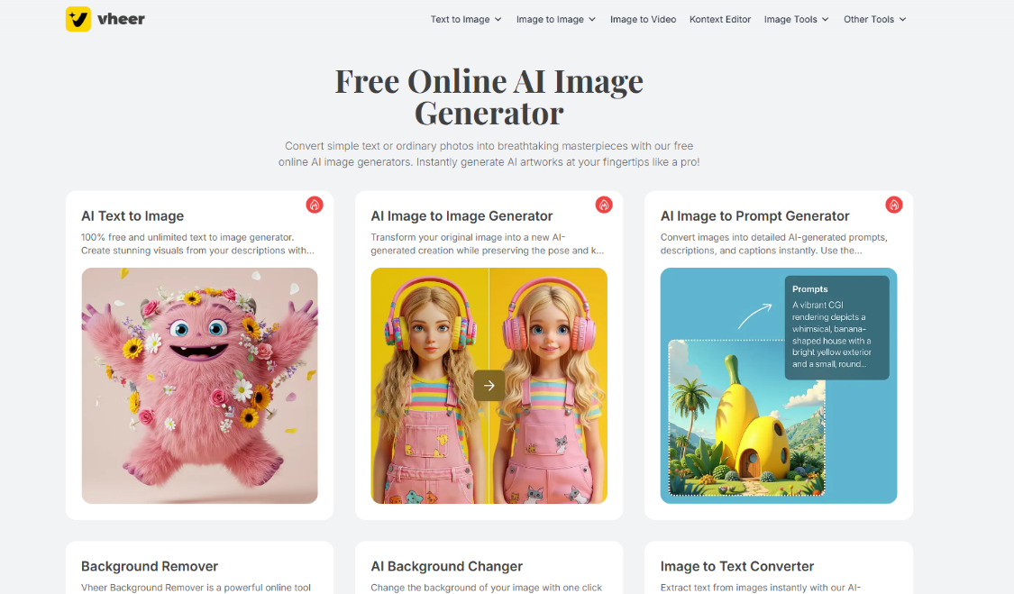 Vheer: a free AI tool platform website with image generation, video generation, smart image editing, logo generation and more!