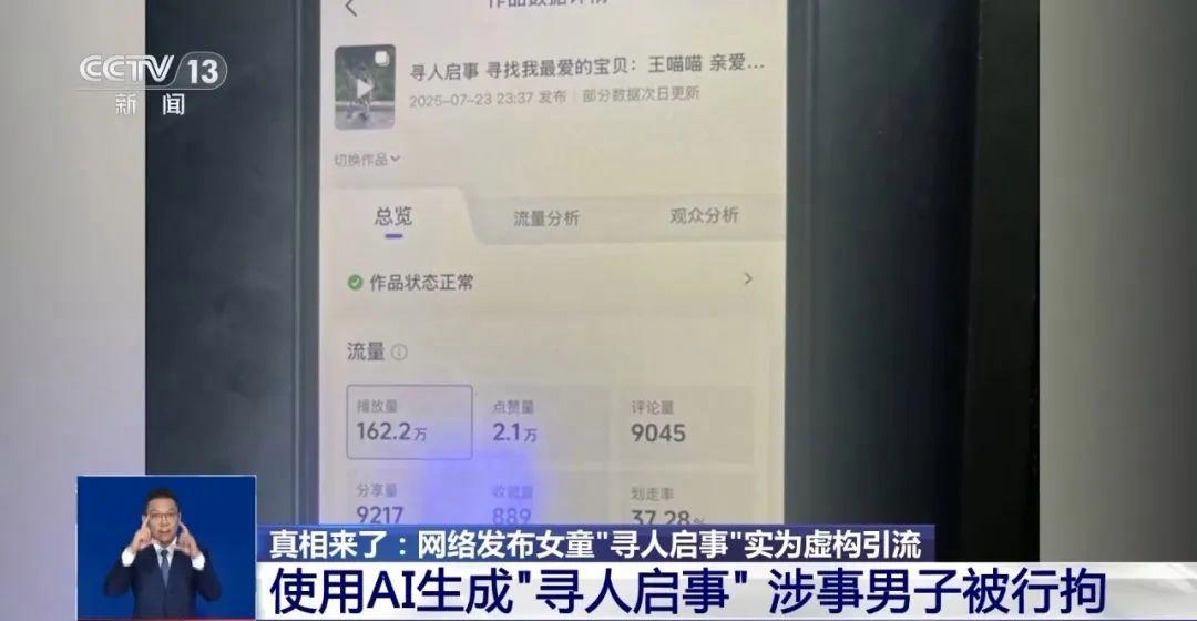 为博取网络关注利用 AI 编造“2 岁女儿被抱走”，发布者被行拘