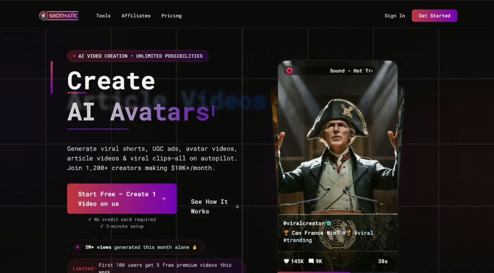 Shotmatic: AI automated video creation tool to generate various types of video content short videos, UGC ads, AI avatar videos and more!