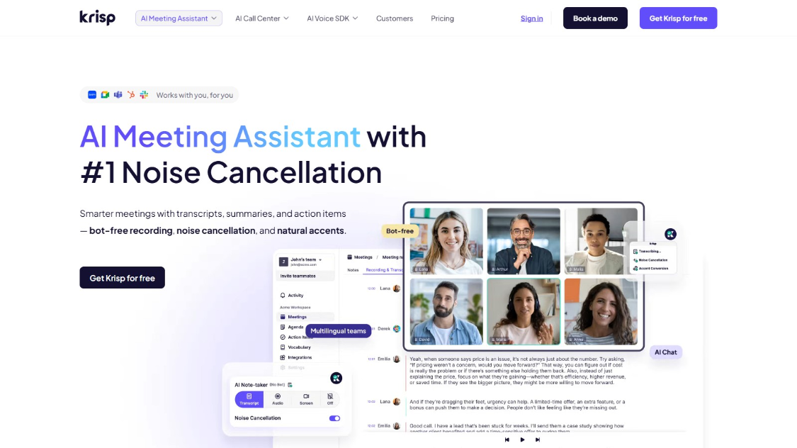 Crisp: AI Voice Tool, capable of instantaneous noise elimination, enhanced voice, providing a clear conversation experience in videoconferencing and telephone