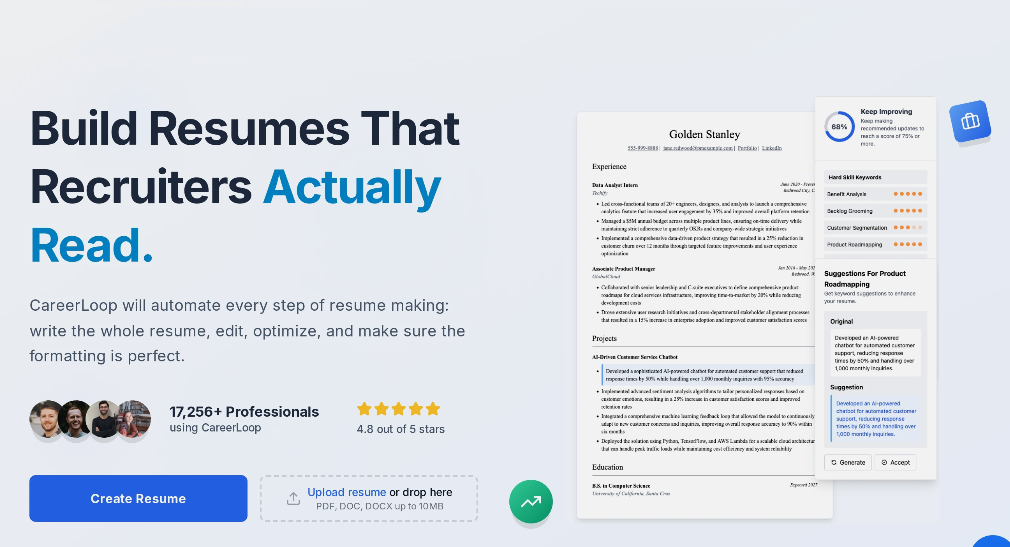 CareerLoop: a platform that helps users create professional resumes, using AI to generate and optimize resumes to improve interview chances