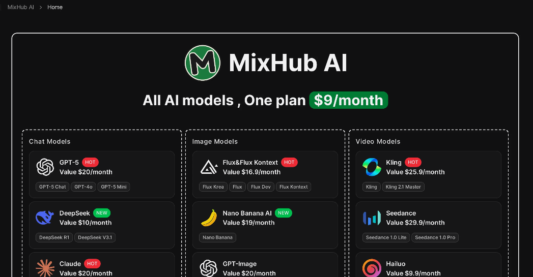 MixHub AI: an all-in-one platform that integrates free AI chat, image and video models, offering text-to-image, image-to-image, image-to-video, text-to-video and more!