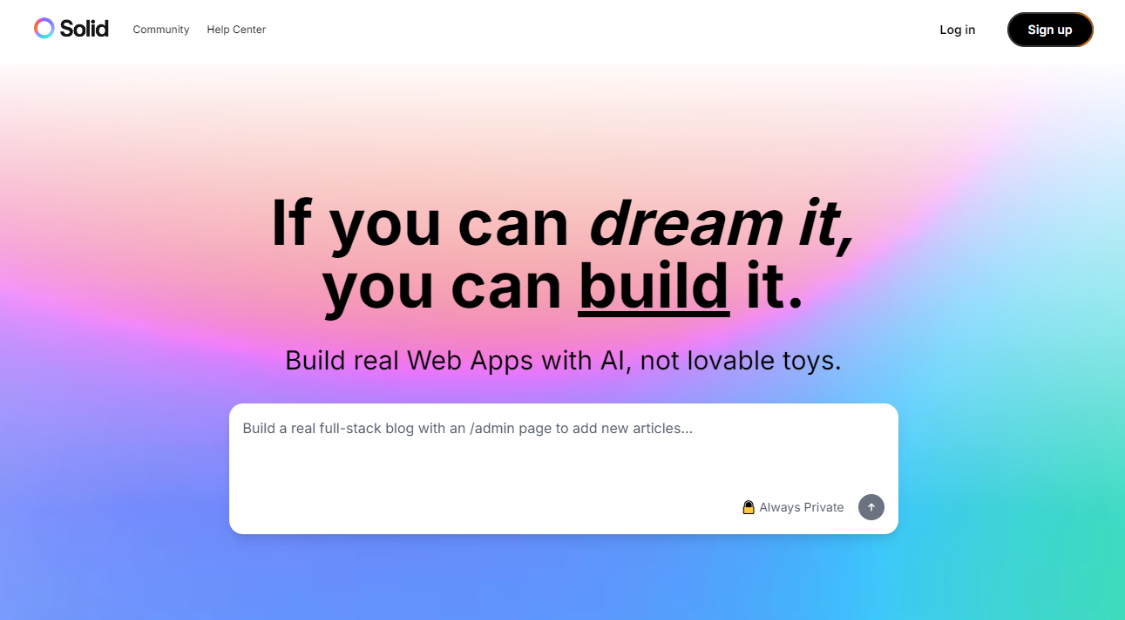 Solid: AI tool for building Web applications, supporting technology such as Node.js, React, TypeScript, Docker