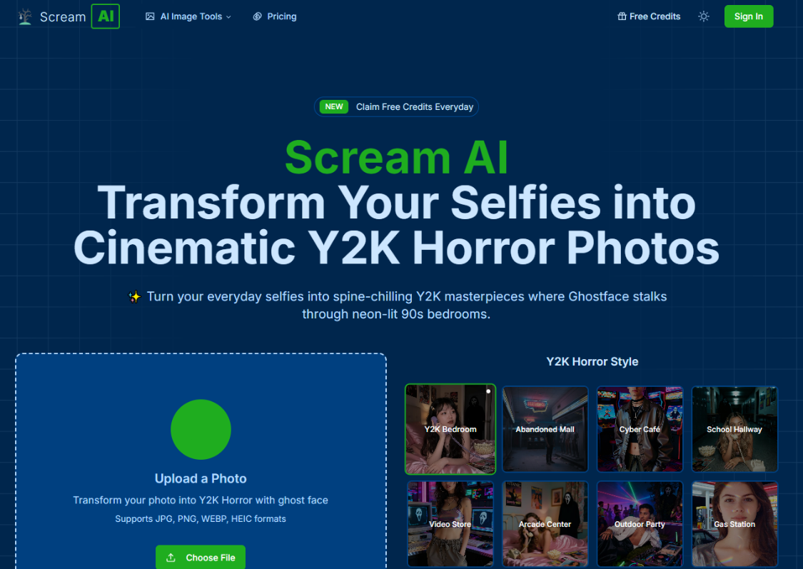 Scream AI: AI Photo Tool, normal self-portrait converted into film-grade Y2K horror photos