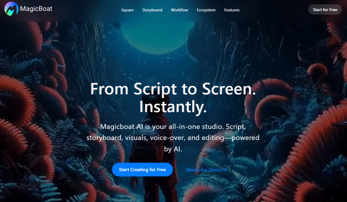 Magicboat AI: One-stop AI video generation platform, from scripts, spectroscopes to visual, audio-coding, editing functions