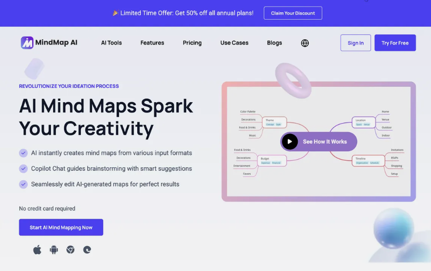 MindMap AI: AI mind mapping tool that supports conversion of multiple file formats, including PDF, text, images, audio and video