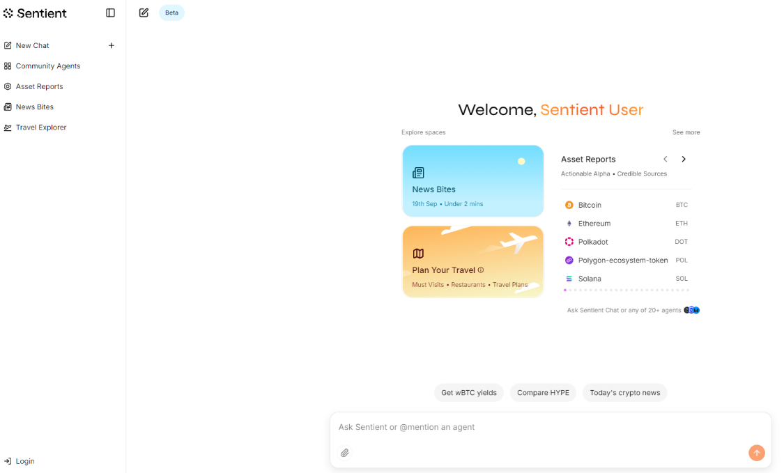 Sentient Chat：去中心化 AI聊天平台，提供加密货币报告、每日摘要、旅行计划等