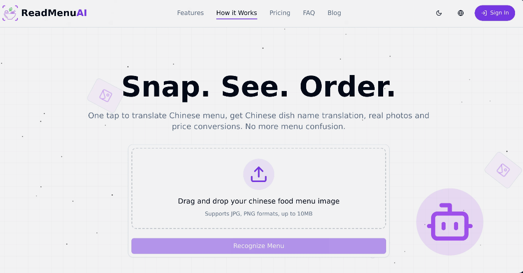 ReadMenu AI: AA order-up tool, one key translation of the Chinese menu, identification of dishes, generation of pictures, conversion of prices
