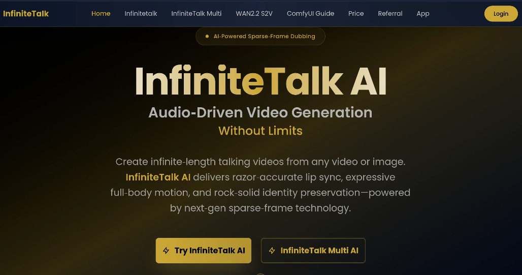 InfiniteTalk: AI Video Generation Tool, quick to produce vehicular mouth sync and body animation videos