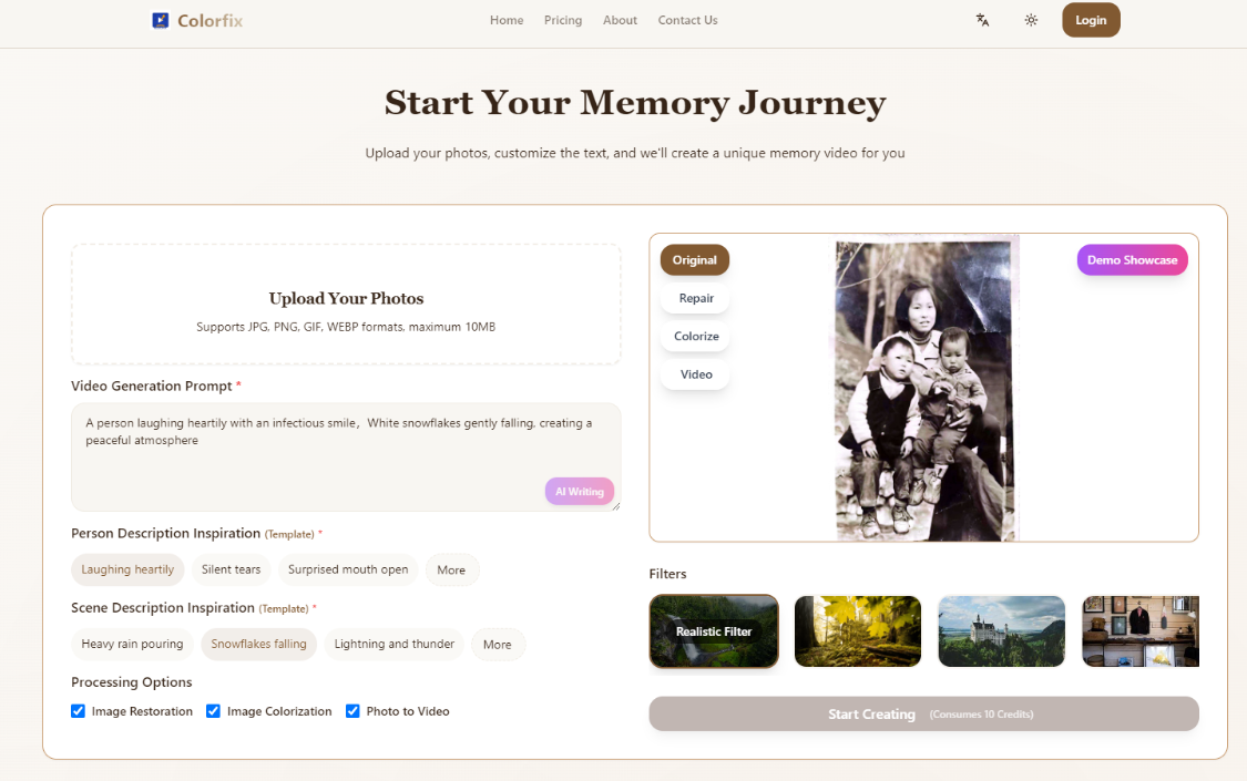 Colorfix: Photo restoration tool, providing AI photo restoration, black and white photo colour, photo transfer video service