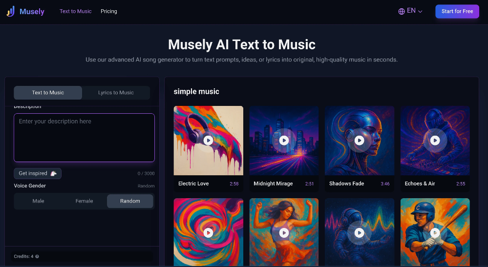 Musely: Ai Music Generation Tool to convert text tips, ideas or lyrics into original music