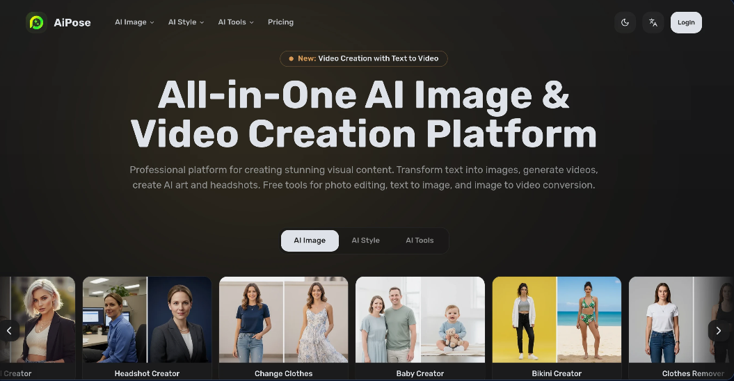 AiPose: Integrated AI platform, providing various functions such as AI image generation, AI video production, AI photo editing